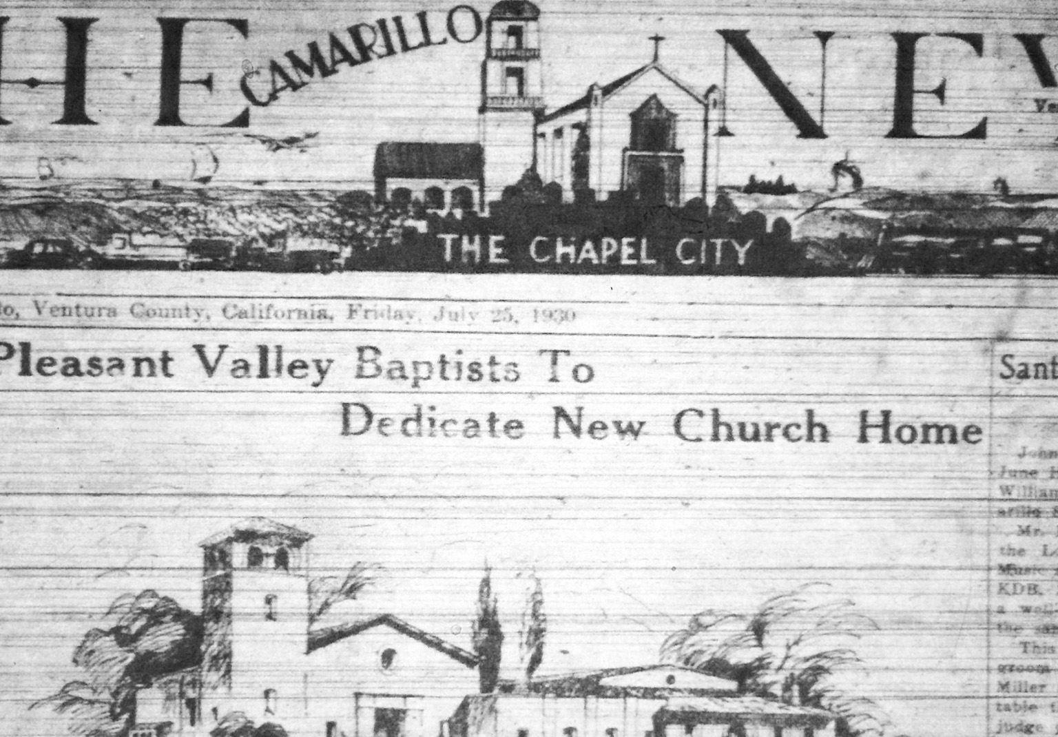 Front page of The Camarillo News, July 25, 1930, announcing the dedication of the old town chapel beneath the nameplate The Chapel City