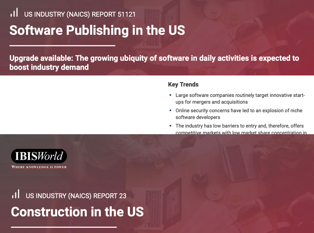 Industry research reports covering software publishing and commercial construction