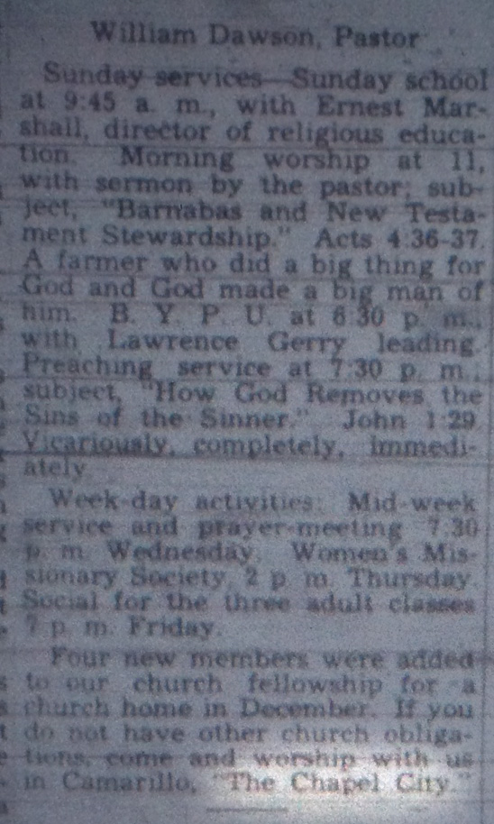 Church listing where Pastor William Dawson invites readers to worship in Camarillo, The Chapel City
