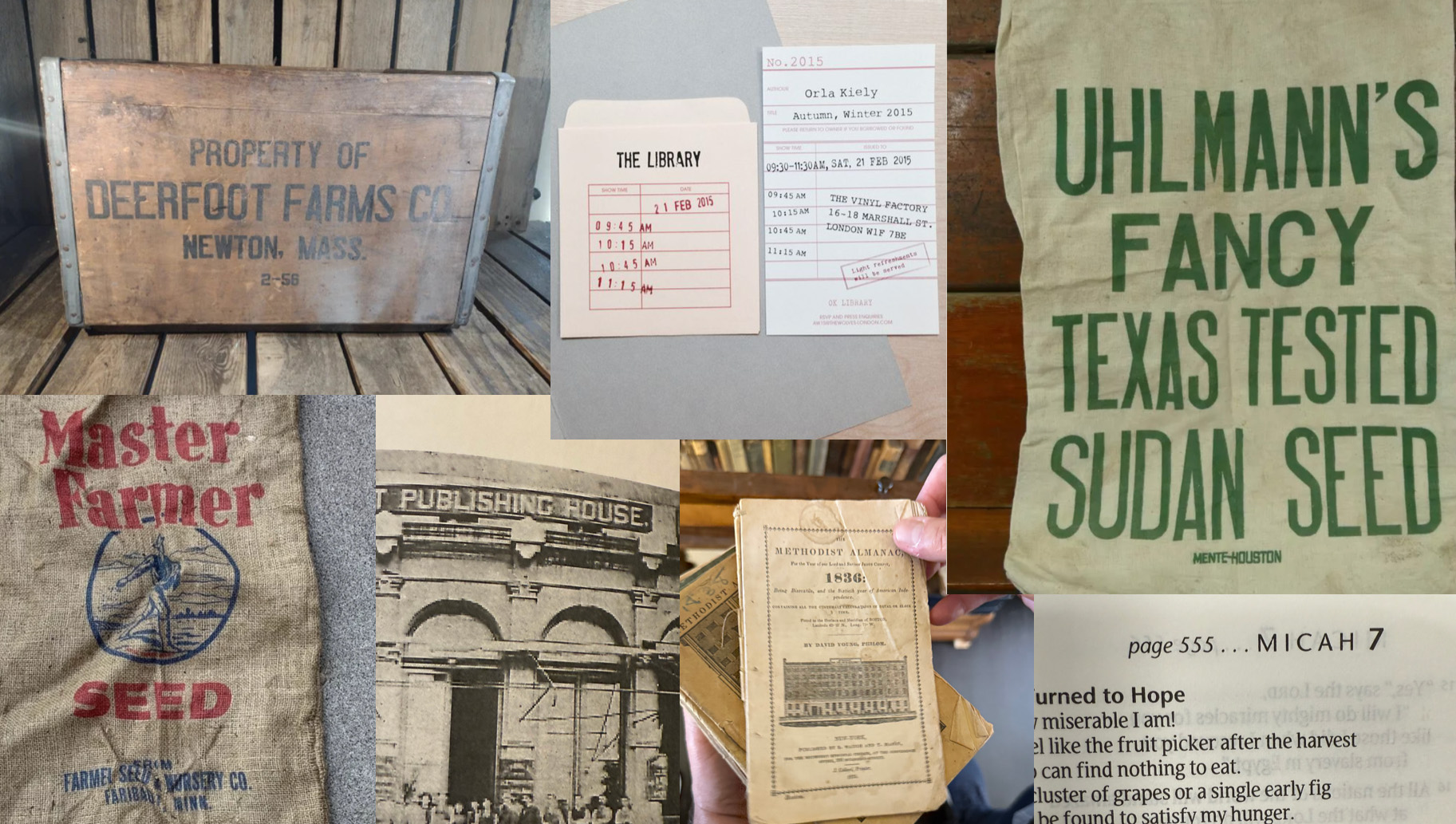 Heritage research — seed bags, stained glass, and publishing-house type