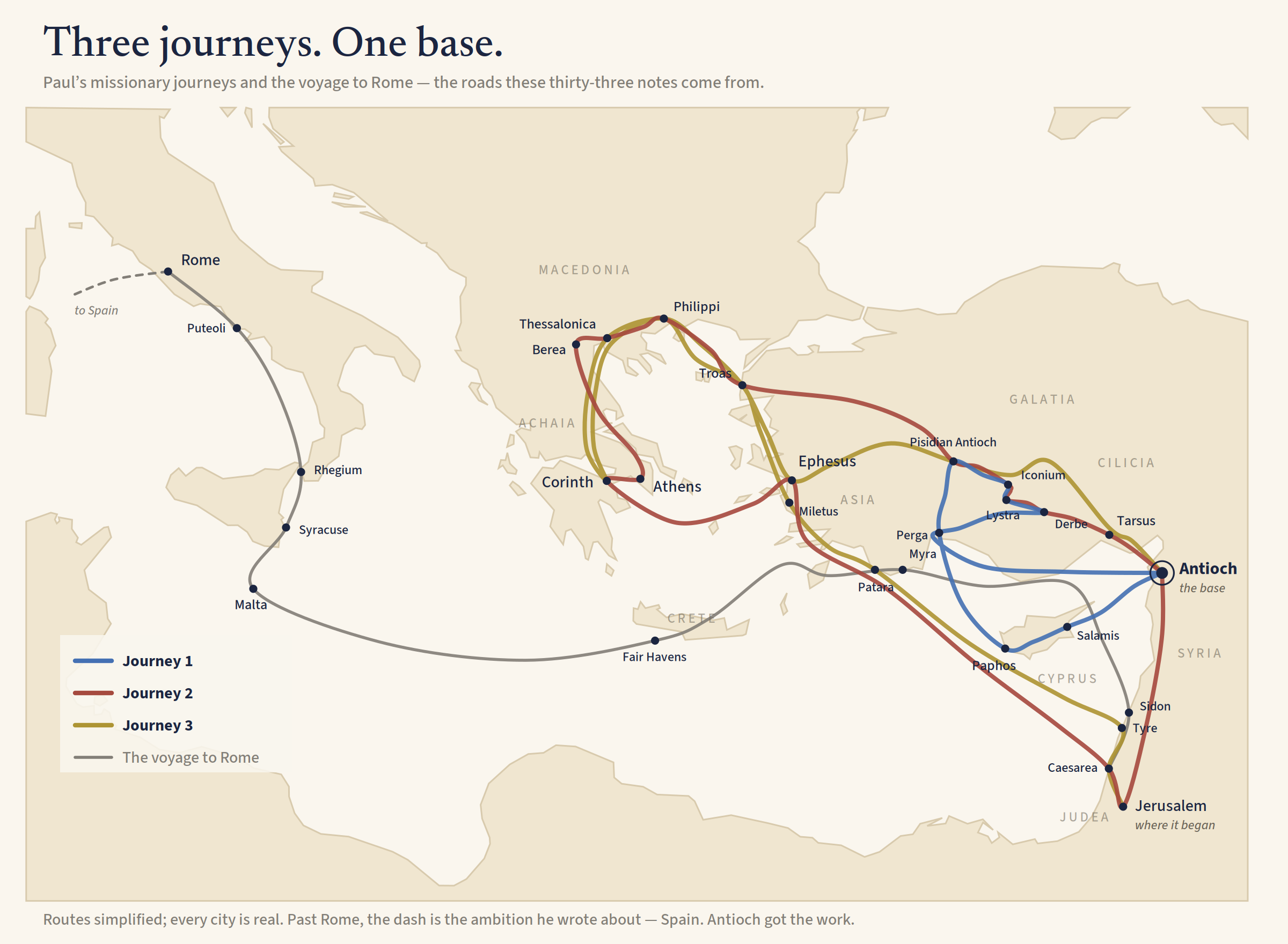 Map of Paul's three missionary journeys and the voyage to Rome — every departure from Antioch.